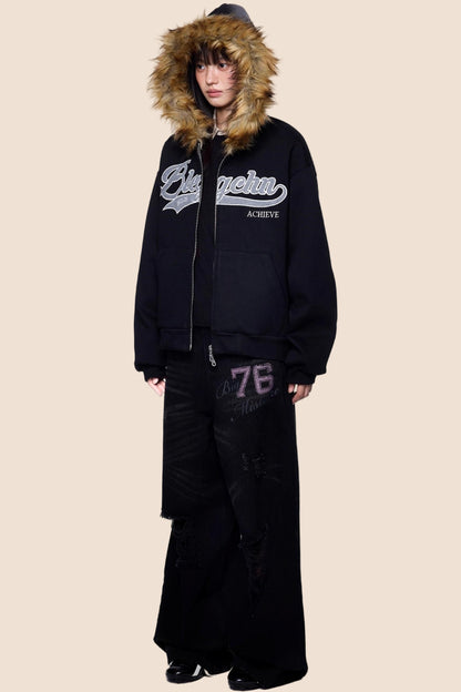 Embroidered Fur Collar Hooded Cardigan