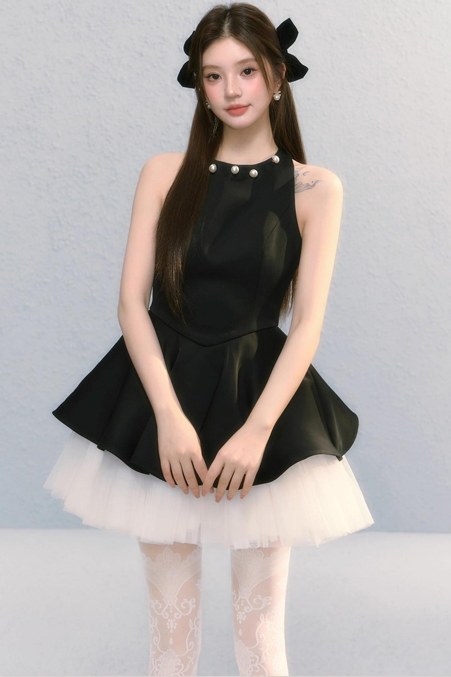 Obsidian French Bow Sleeveless A-Line Dress