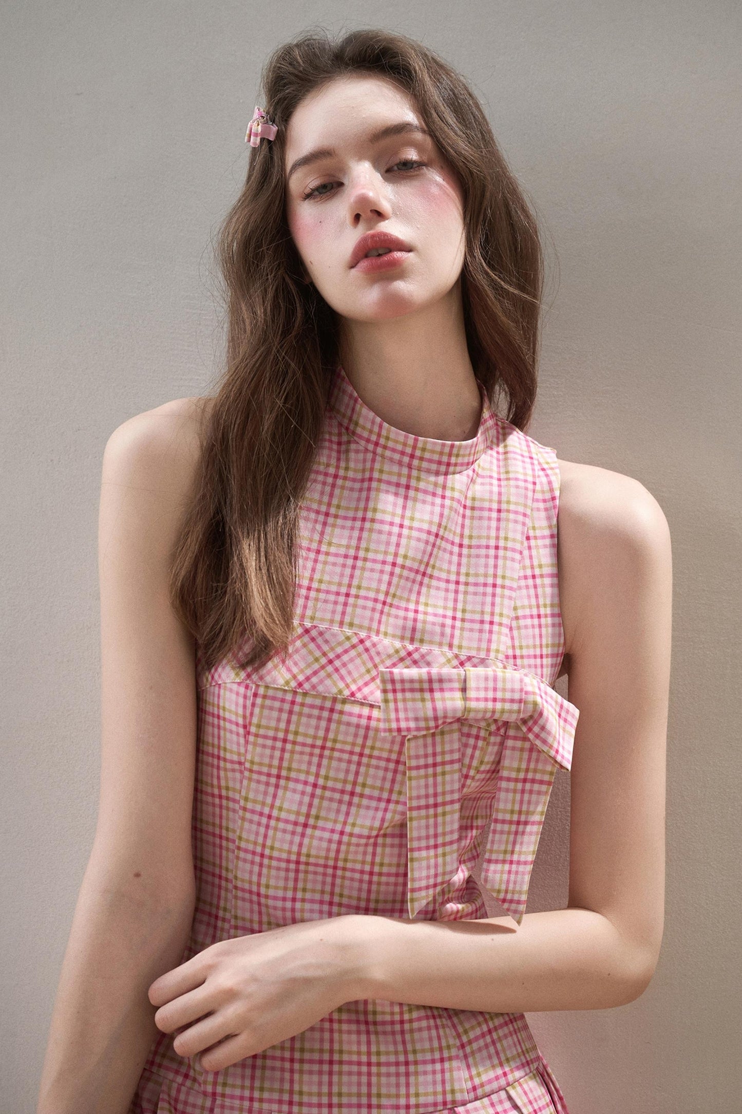 Bow Halterneck Plaid Dress