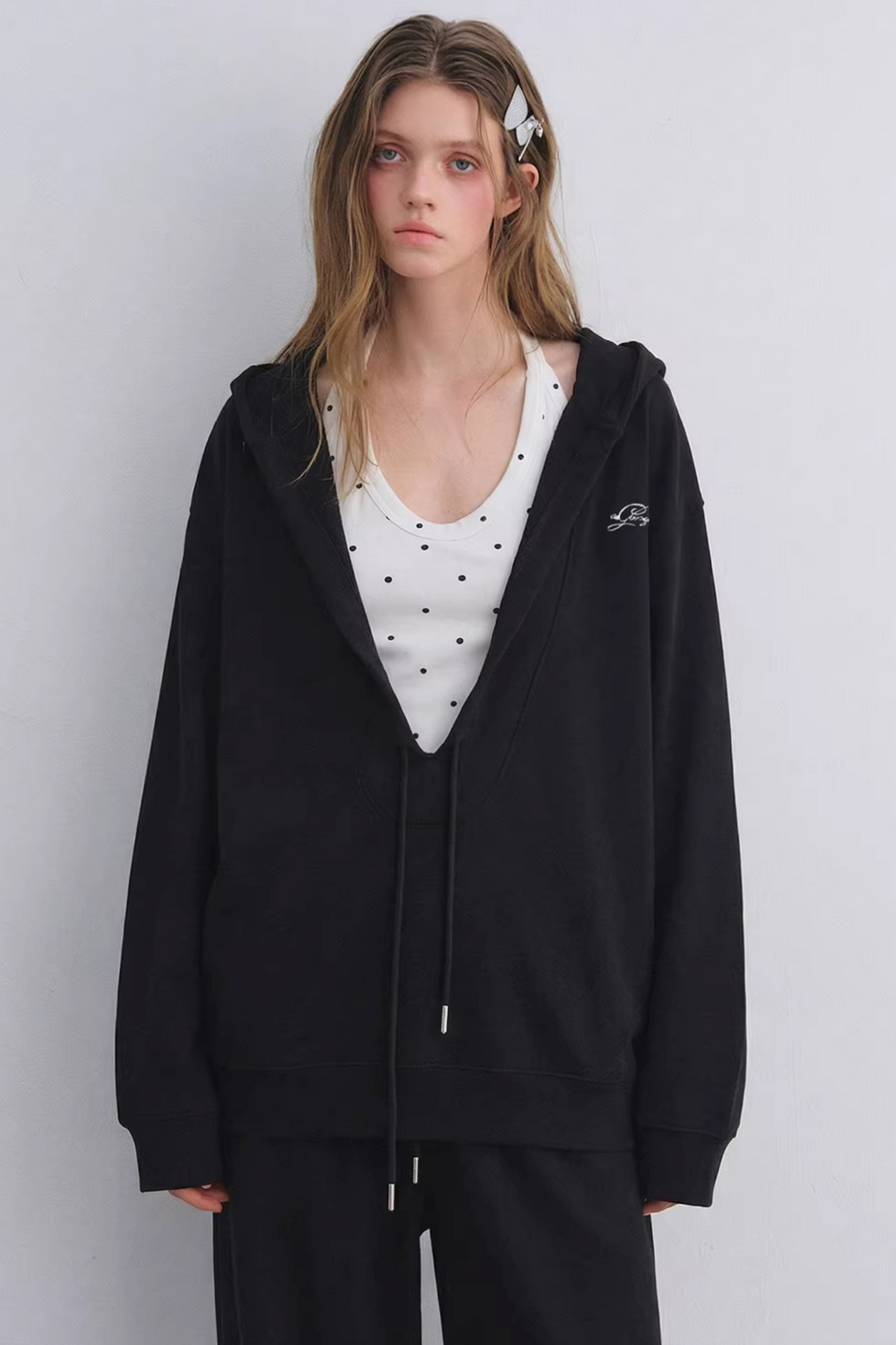 Polka Dot Hooded Vest Sweatshirt Set-Up