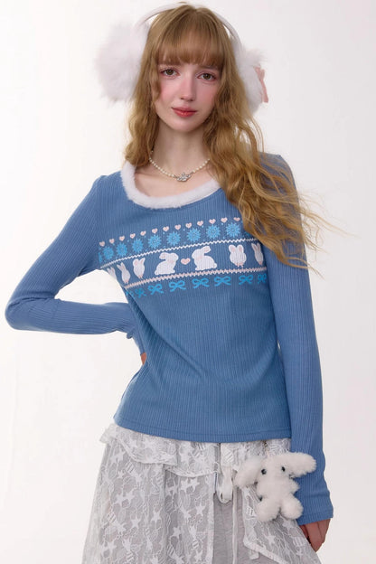 Slim Rabbit Print Knitted Base Shirt