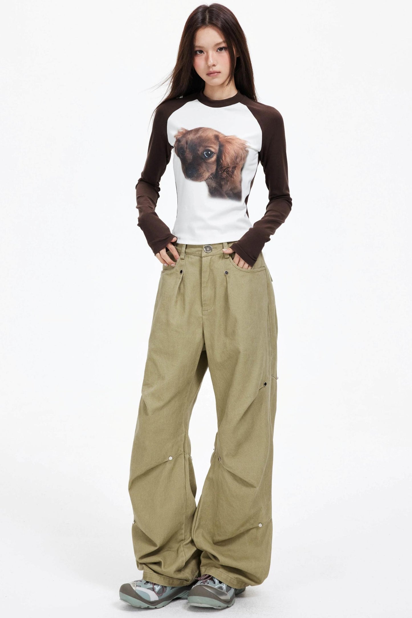 Puppy Print Raglan Slimming Knit Top