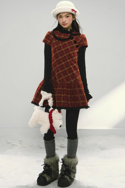 Christmas Doll Collar Tweed Dress Set-Up