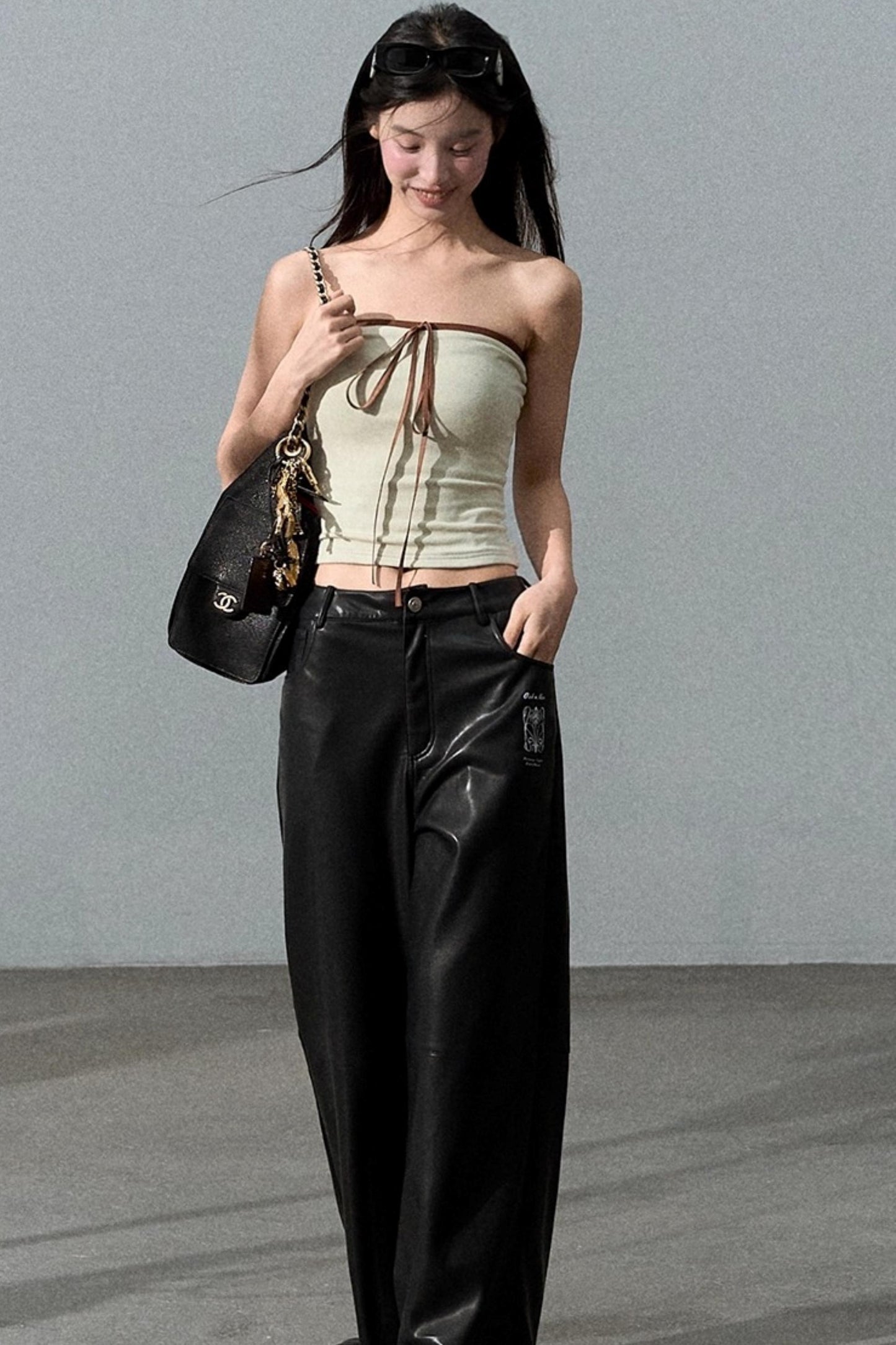 Retro Print Wide-leg Leather Pants