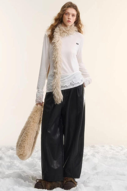 Elastic Waist Black Leather Pants