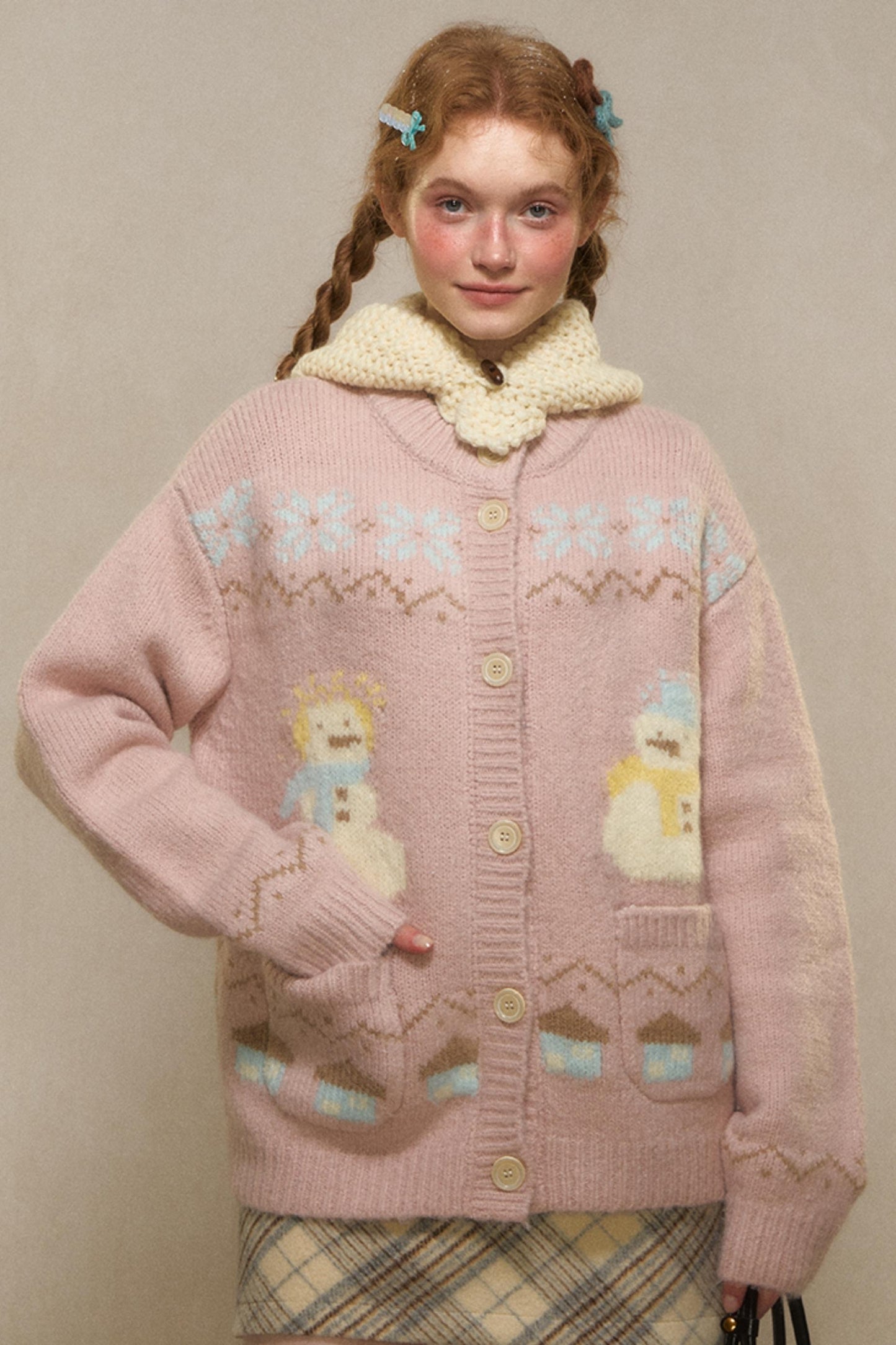 Vintage Snowman Jacquard Knit Cardigan