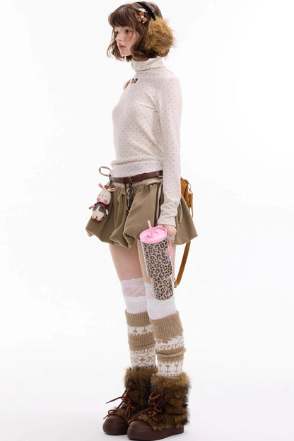 Retro Polka Dot High-Neck Long Sleeve T-Shirt