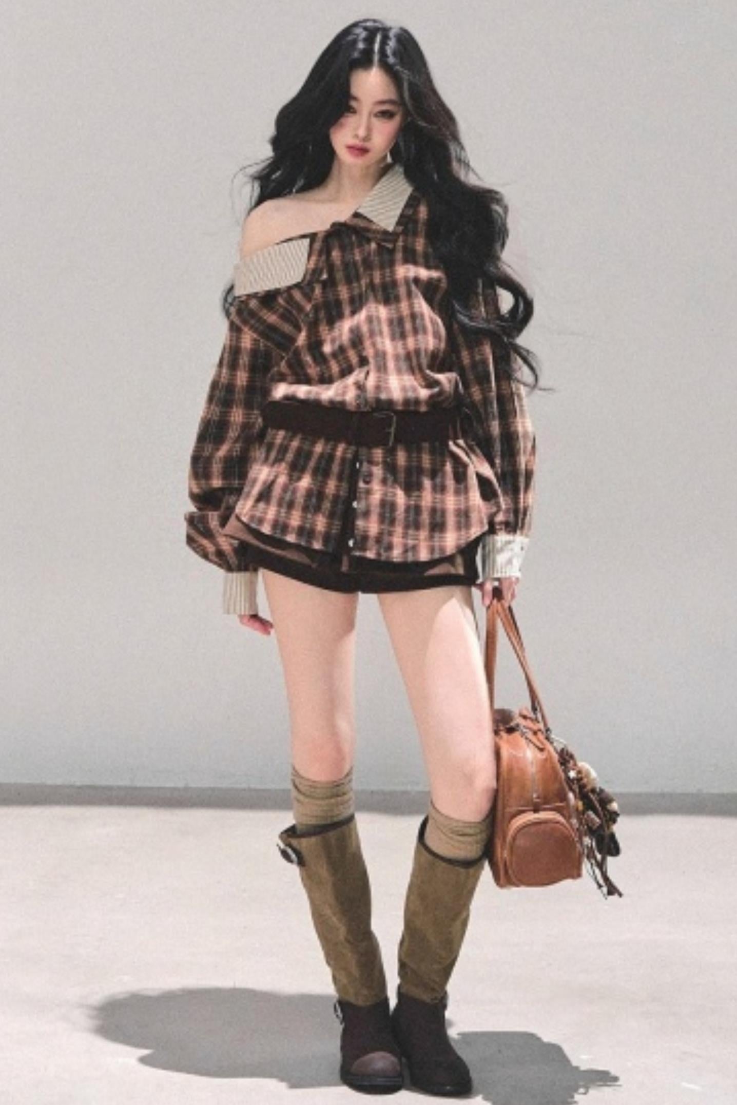 Off-Shoulder Plaid Shirt
