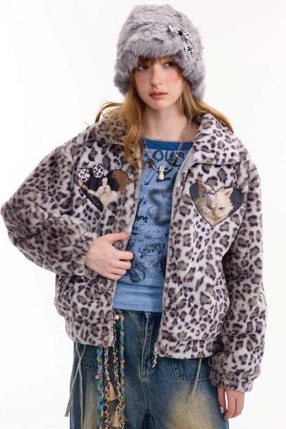 Winter Cat Print Fluffy Coat
