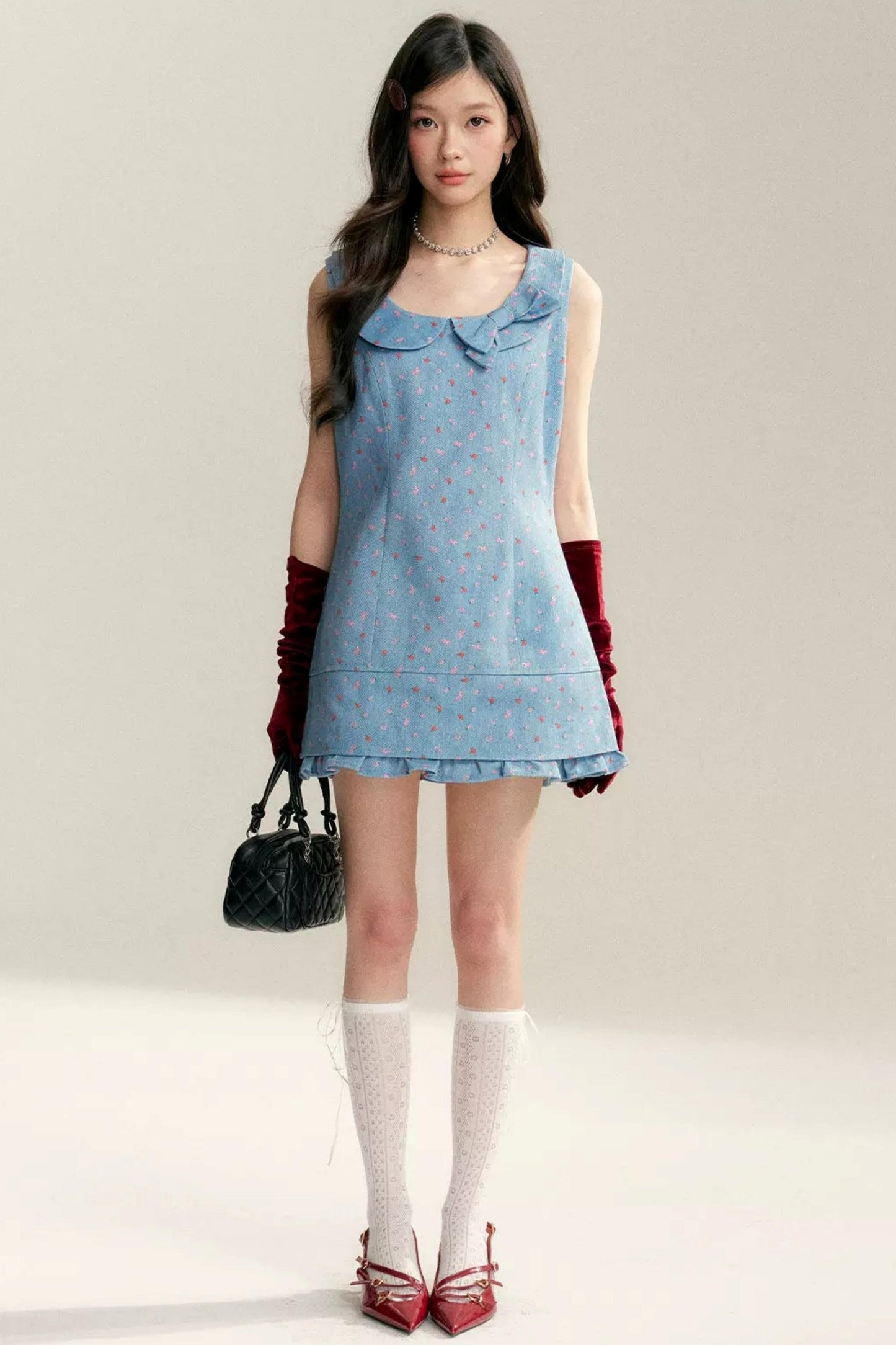 Contrast Floral Bow Collar Dress