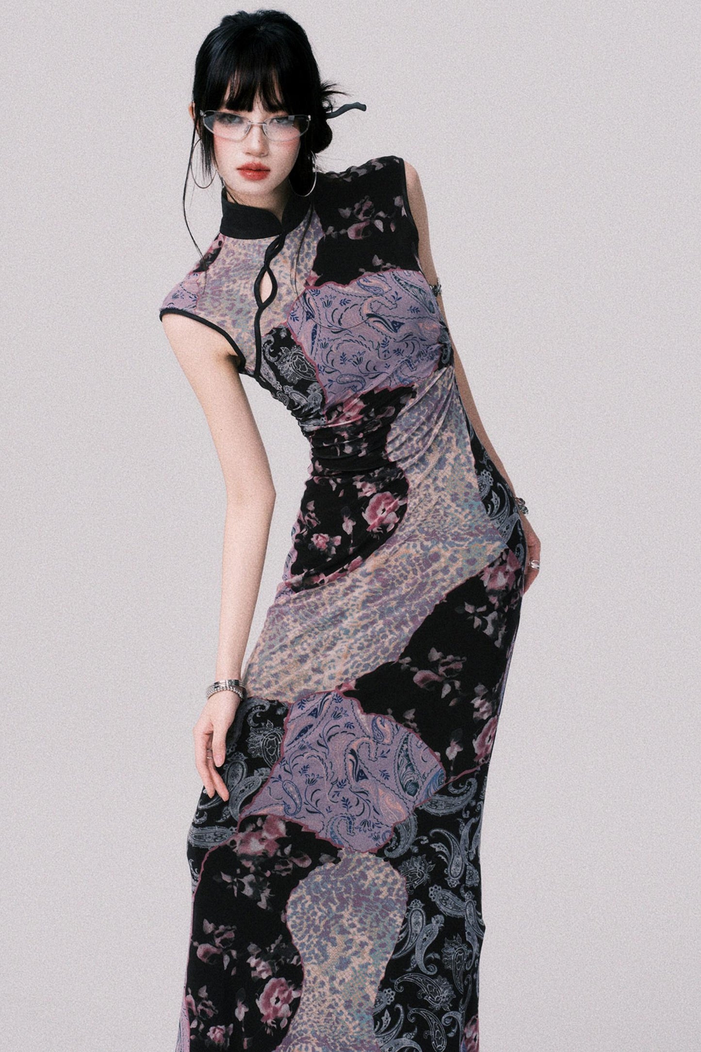 Smokey Purple Color-Block Cheongsam Dress