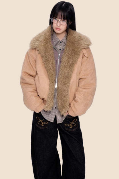 Faux Suede Fur Collar Jacket