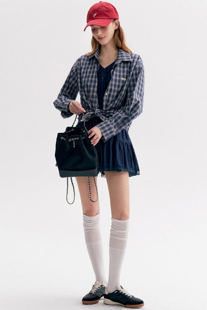 Lace Panel Check Loose Shirt Set-Up