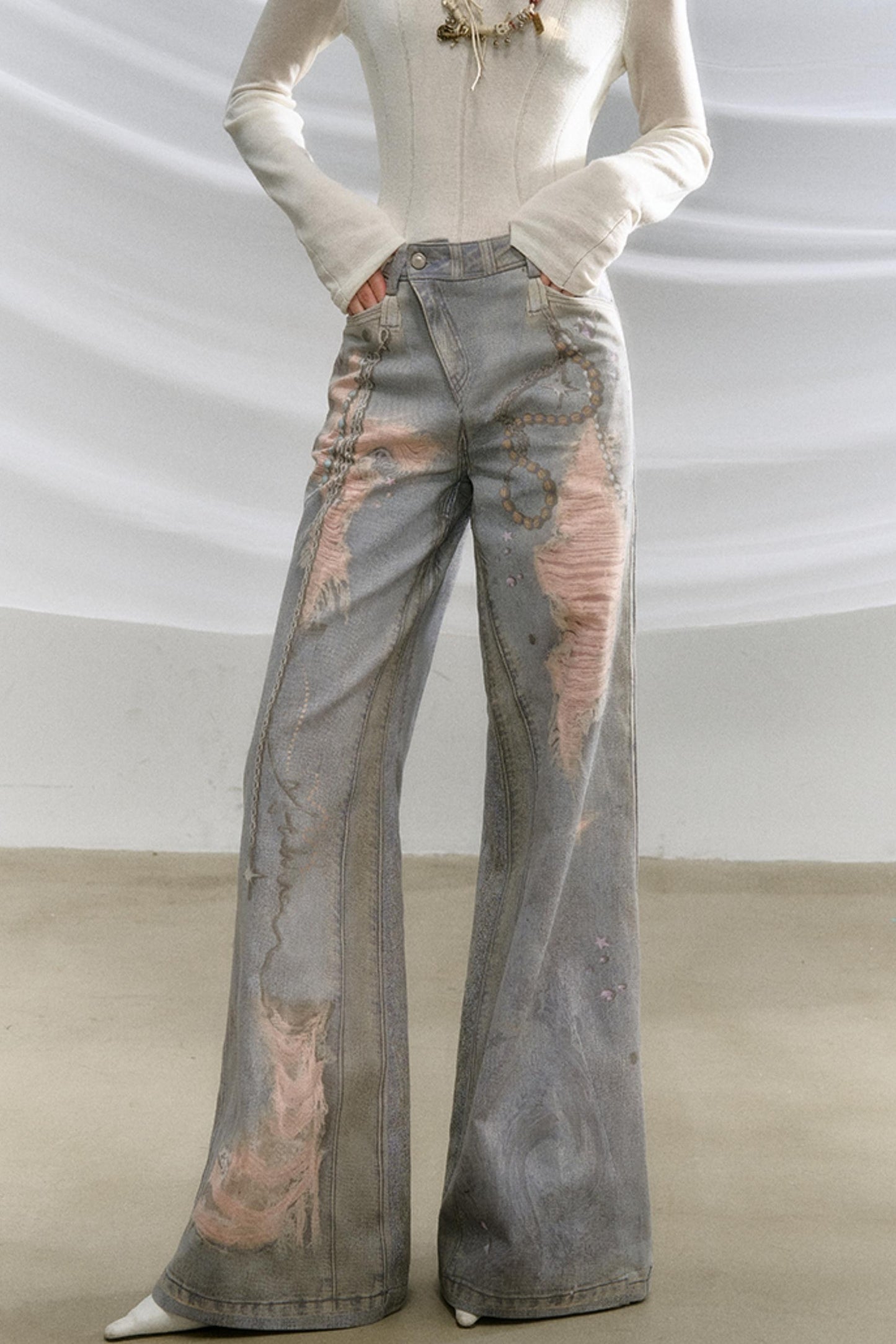 Ripped Faux-Denim Flared Pants