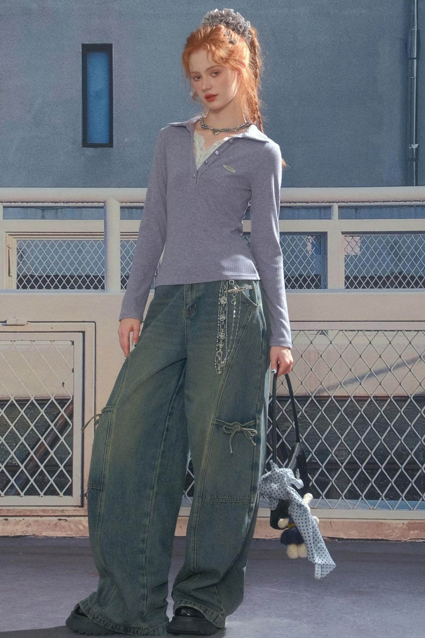 American Lace Polo Collar Knit Top