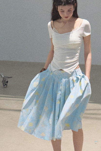 Running Waves Cotton Poplin Pleated Midi Skirt