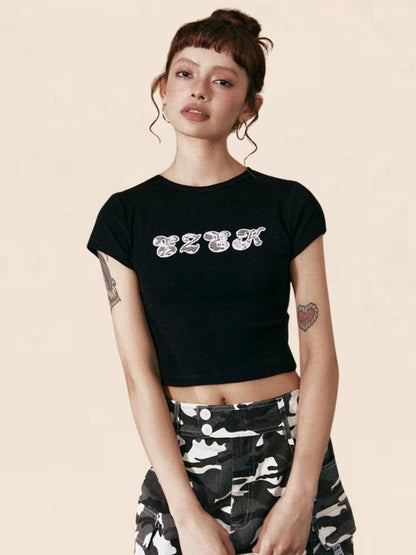 Embroidery Cropped Slim T-shirt