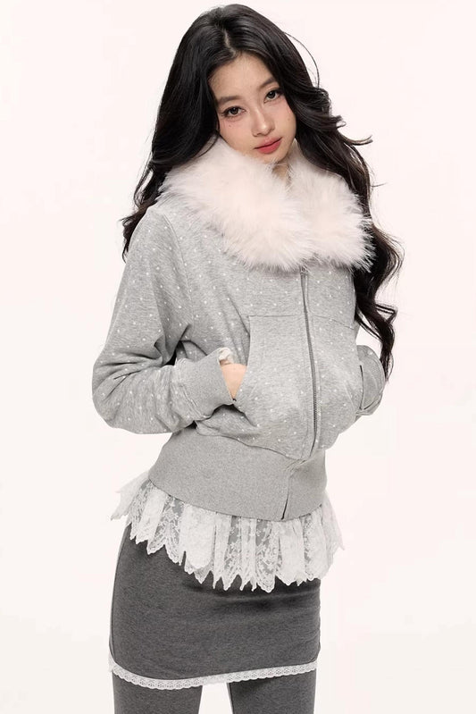 White Fur Collar Polka Dot Jacket