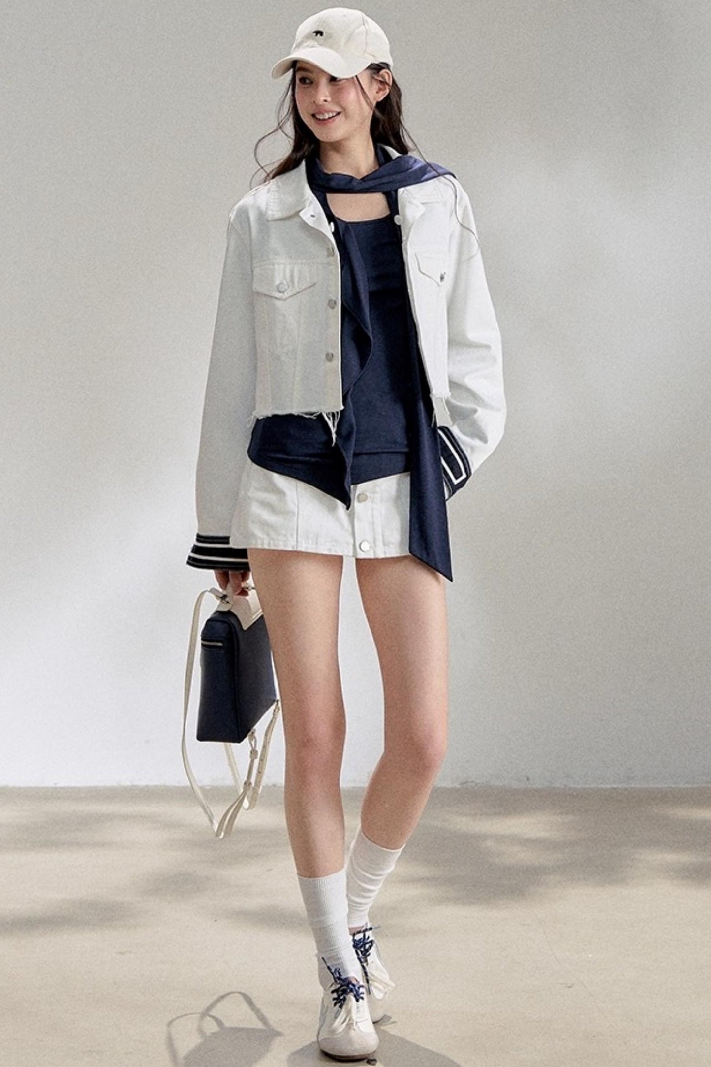 White Navy Short Denim Jacket Set-Up