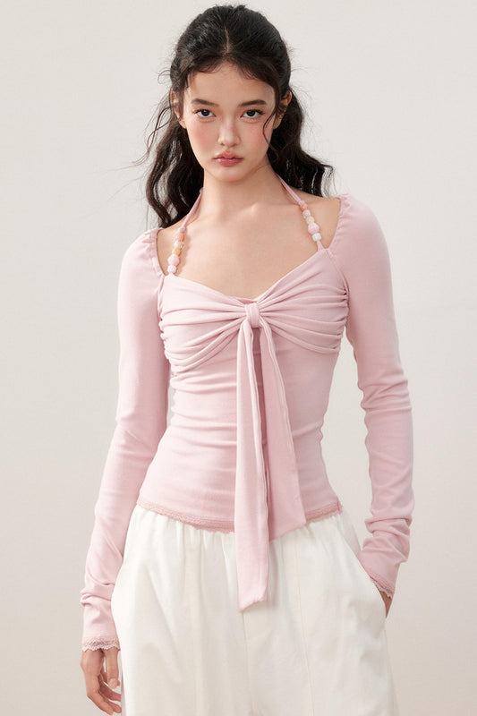 Pleated Bow Beaded Halterneck Top