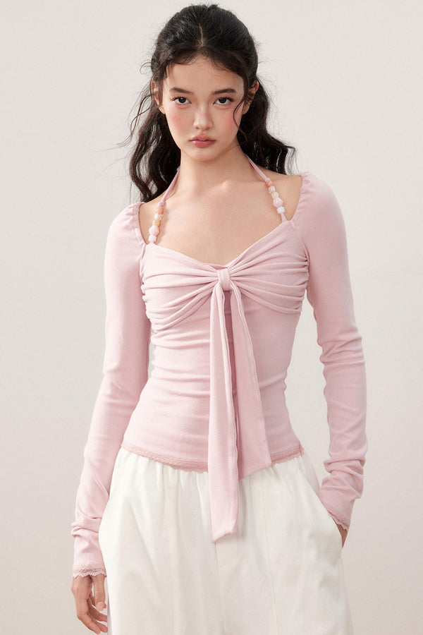 Pleated Bow Beaded Halterneck Top