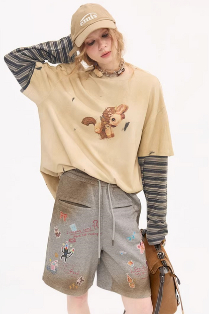 Cartoon Animal Distressed Pants