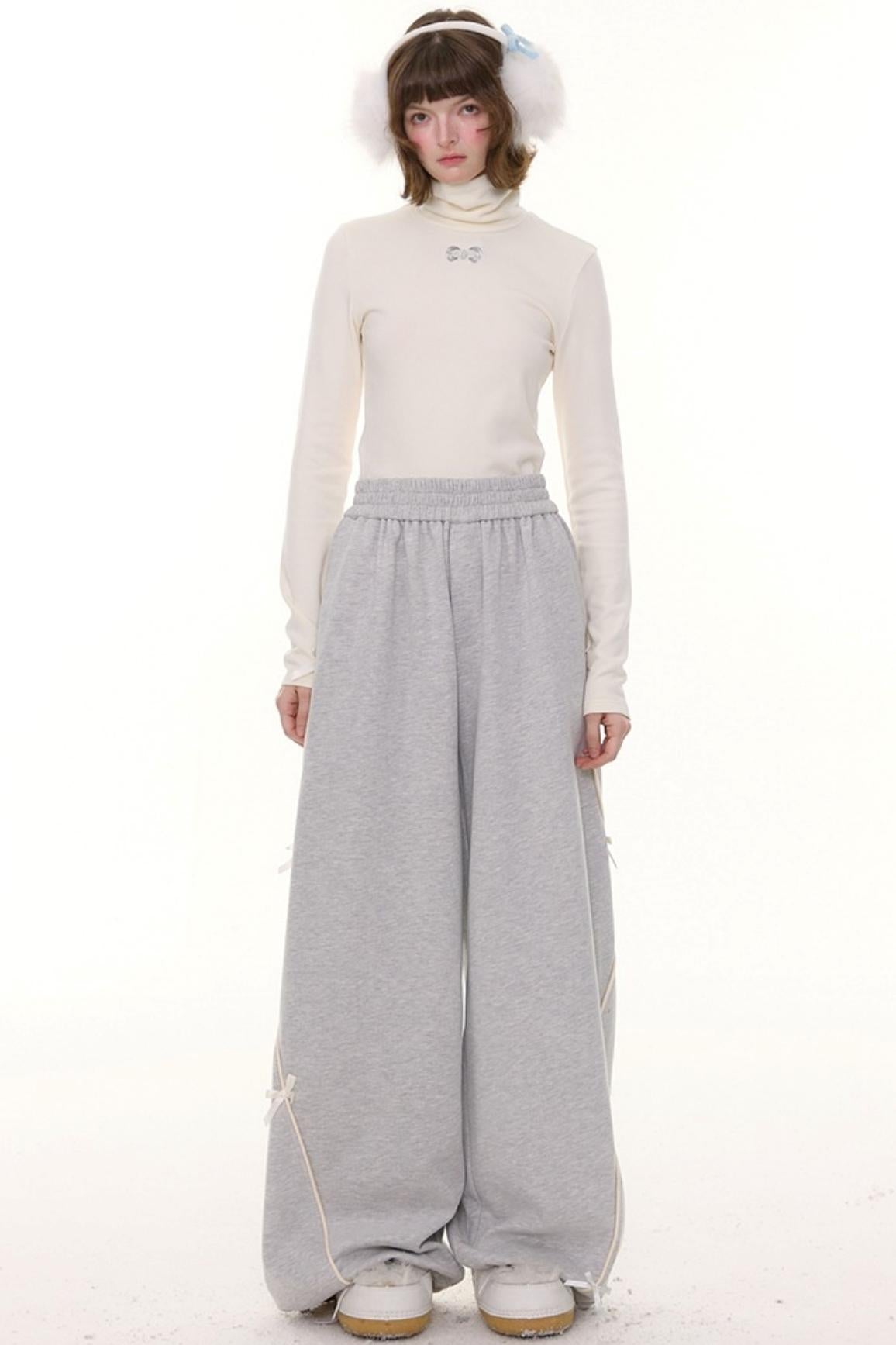 Gray Bow Wide-Leg Sweatpants