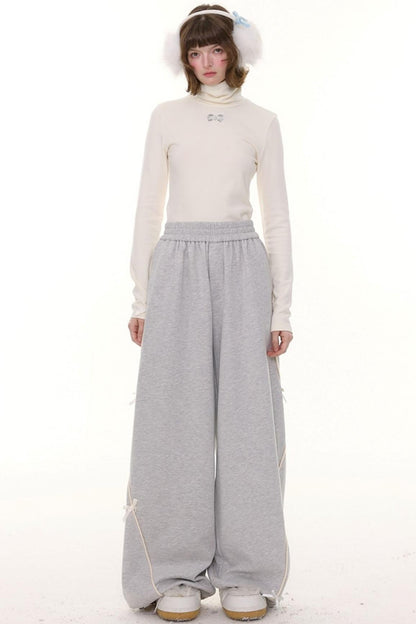 Gray Bow Wide-Leg Sweatpants