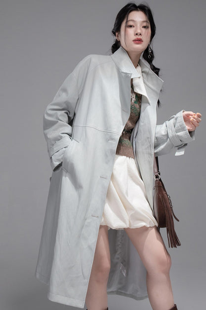 First Gray Leather Trench Coat