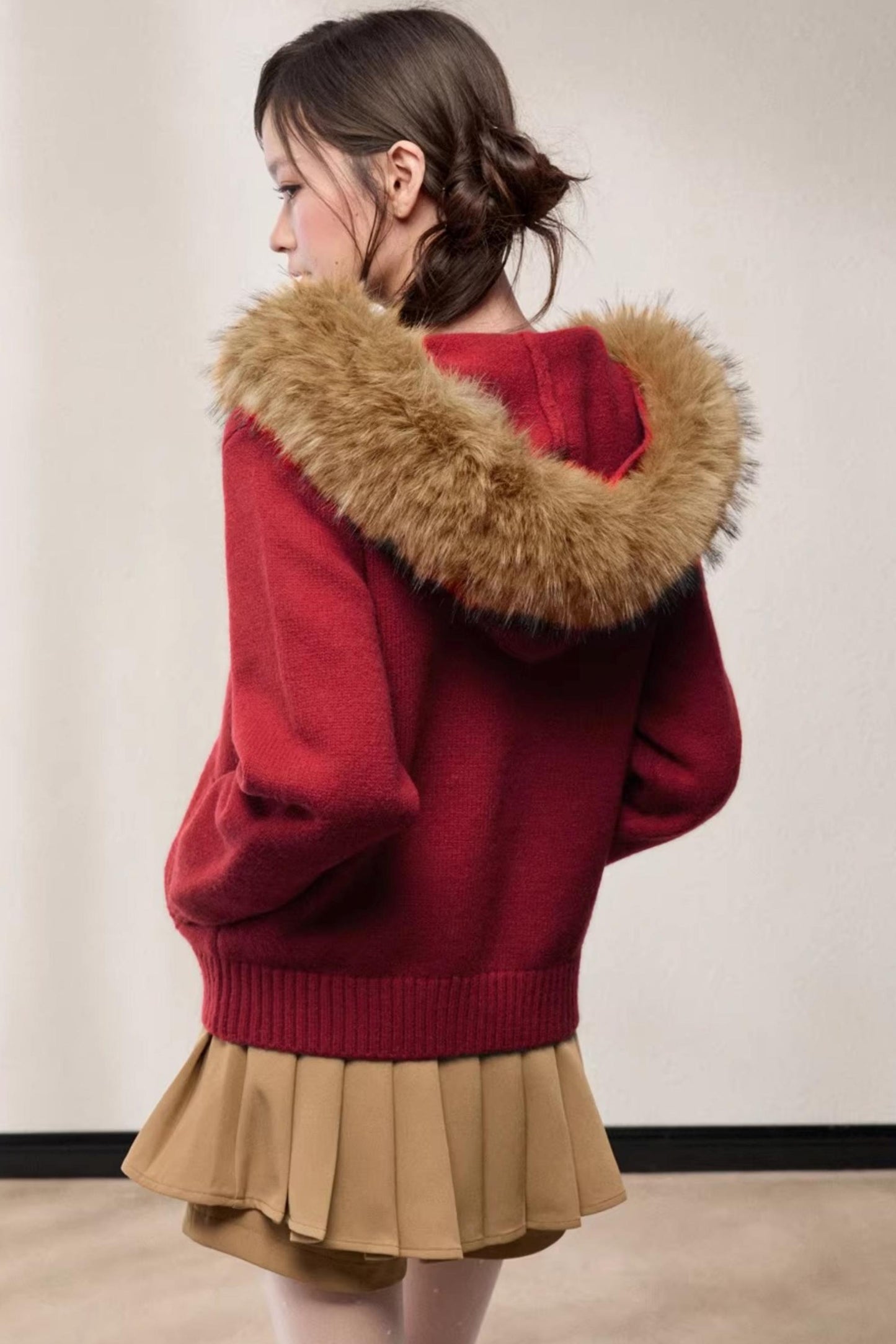 Fur Collar Hooded Knit Cardigan