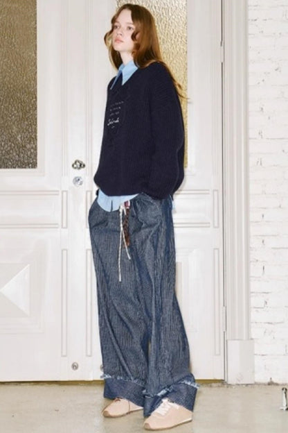 Ribbon Embroidery Crew Neck Sweater