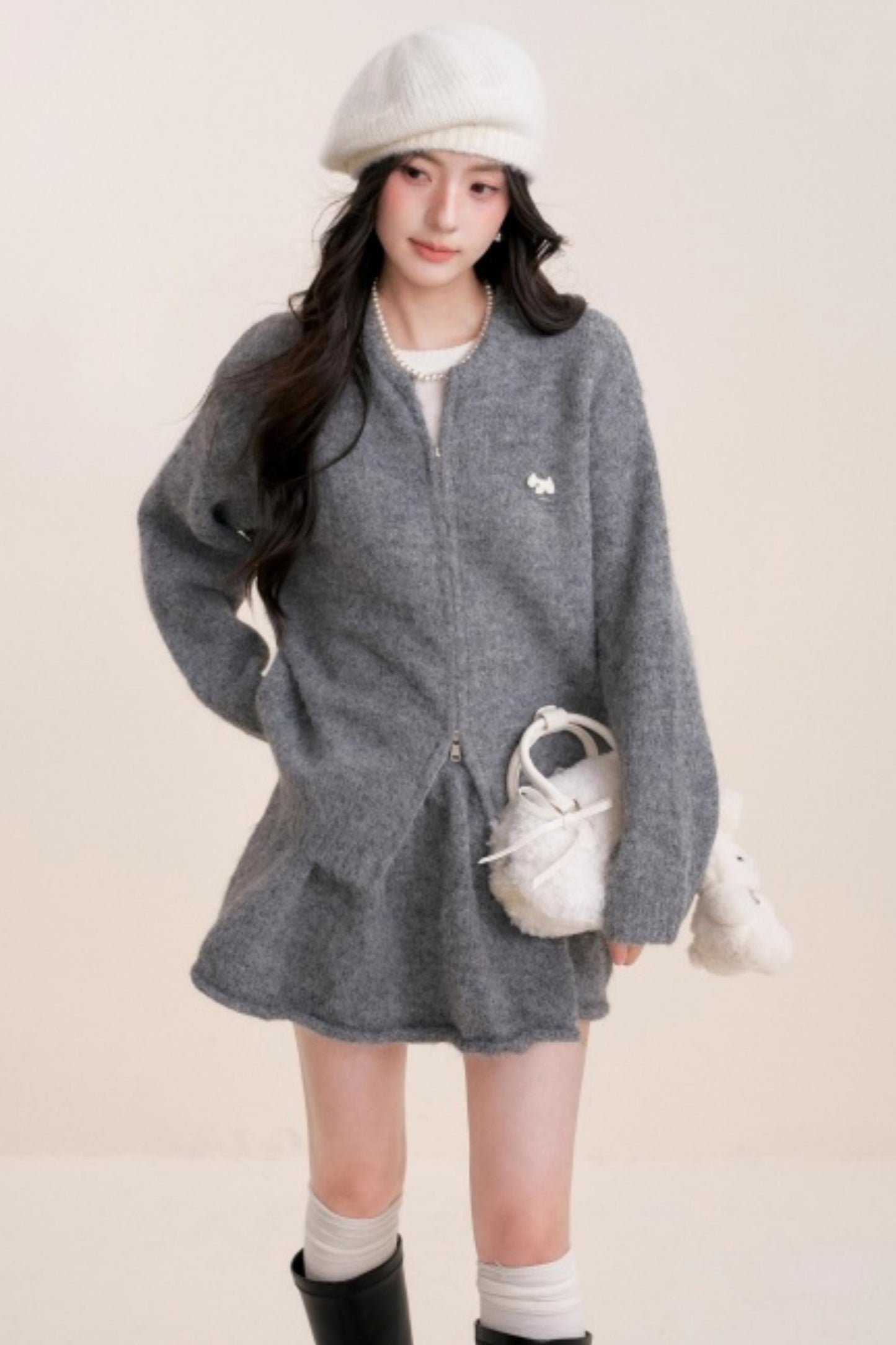 Winter Gray Knitted Cardigan Set-Up