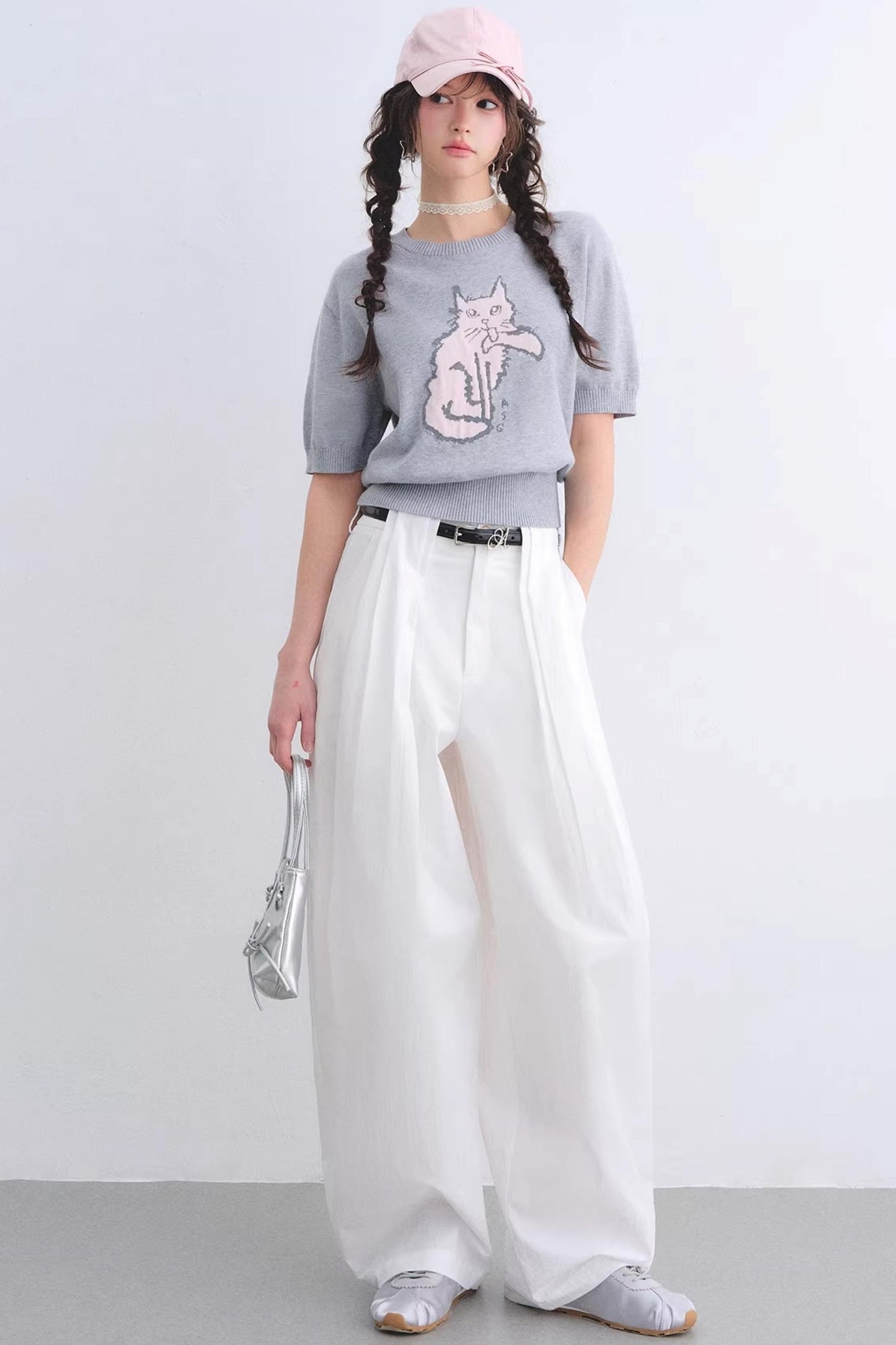 White Pleated Wide-Leg Pants Set-Up