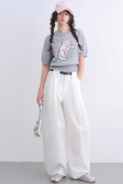 White Pleated Wide-Leg Pants Set-Up