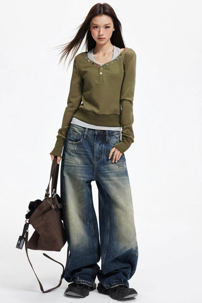 American Distressed Denim Wide-leg Pants