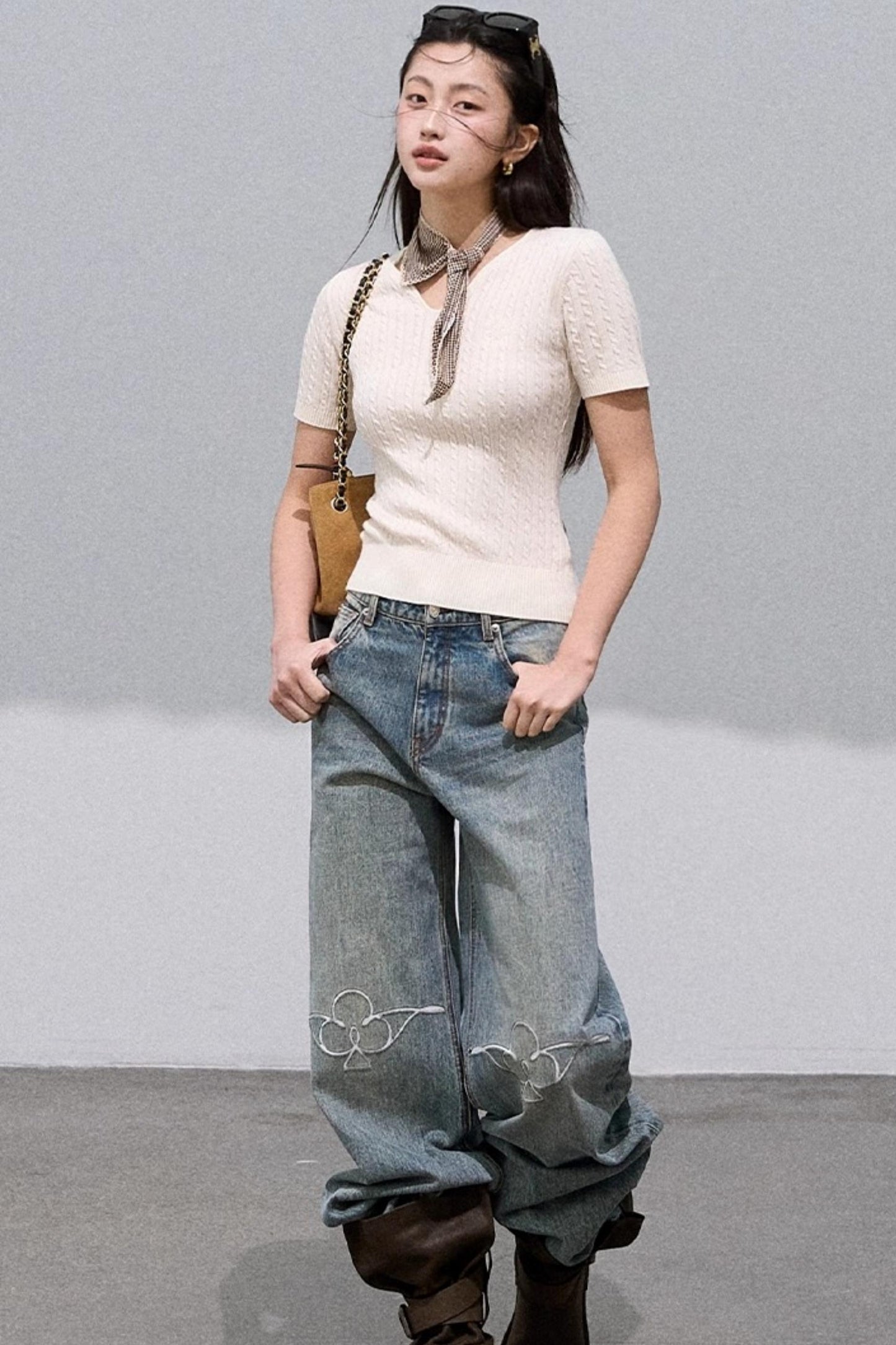 Vintage Burnt Flower Wide-Leg Jeans