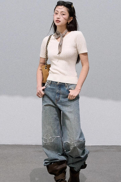 Vintage Burnt Flower Wide-Leg Jeans