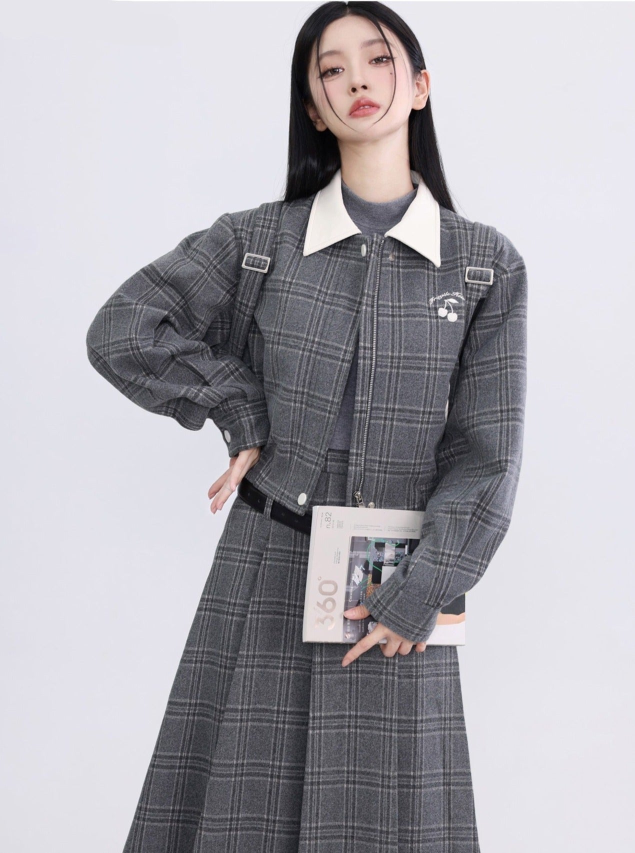 Two-piece Gray Plaid Cotton Jacket Skirt Set