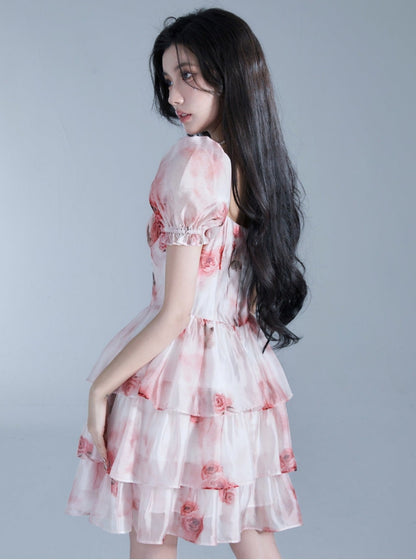 Rose princess puff sleeve dress