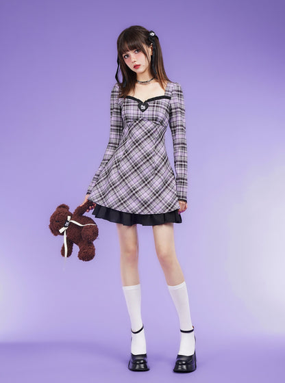 Plaid A-Line Bubble Long-sleeved Lace Dress