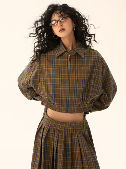 American vintage plaid jacket and skirt two-piece set