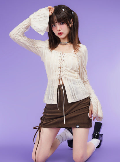 Lace-up bell sleeve texture top
