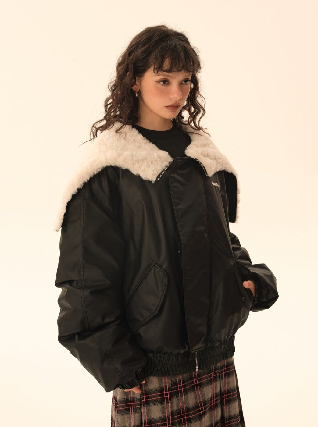 Imitation rabbit fur hooded no-wash pu skin down jacket