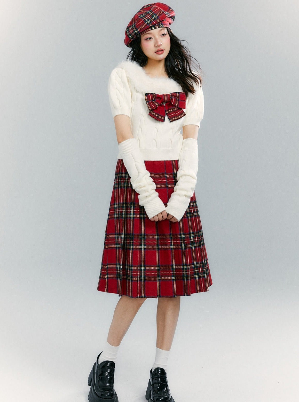 Fur Collar Tops Red Plaid Skirt 2-piece Set
