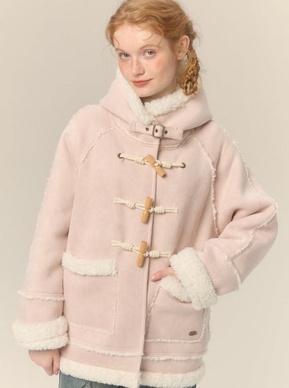 Hooded Horn Buckle Fur Jacket