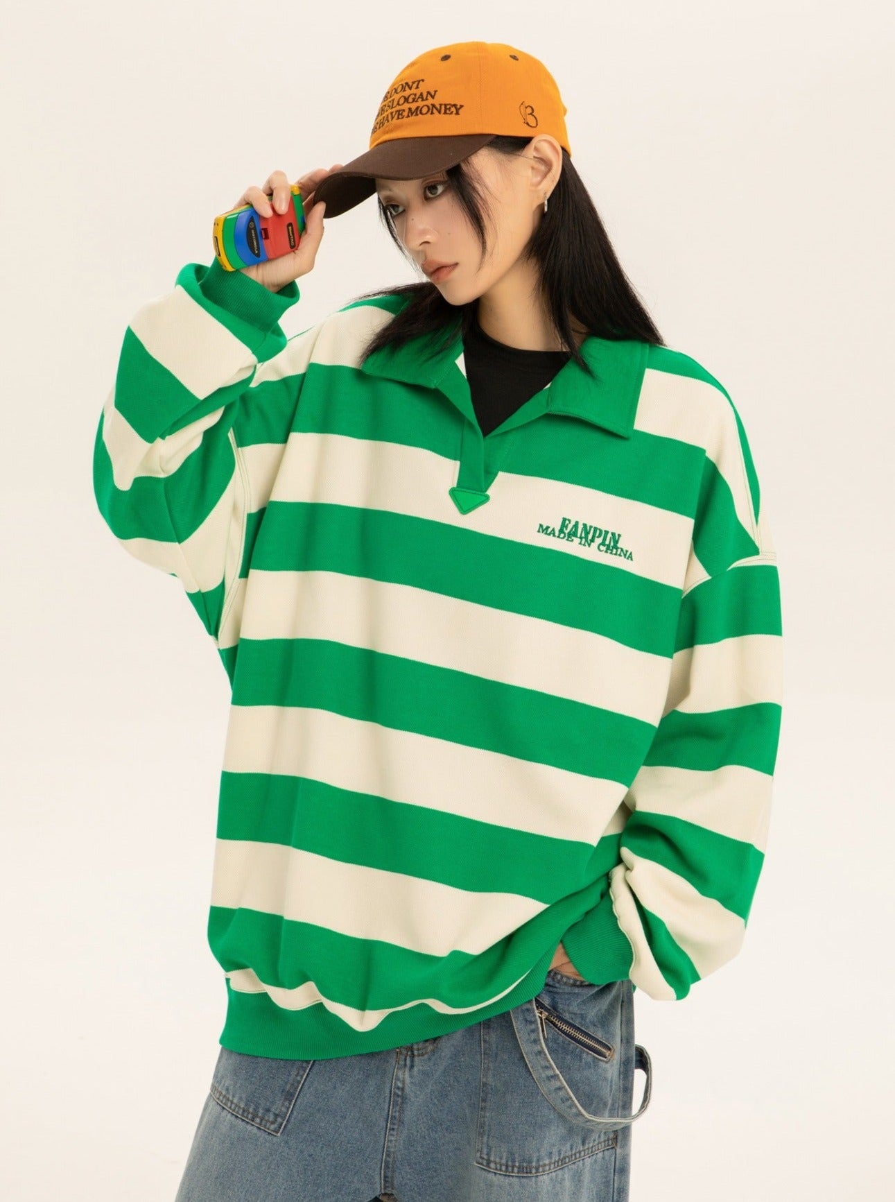 American loose oversize striped polo collar sweater top