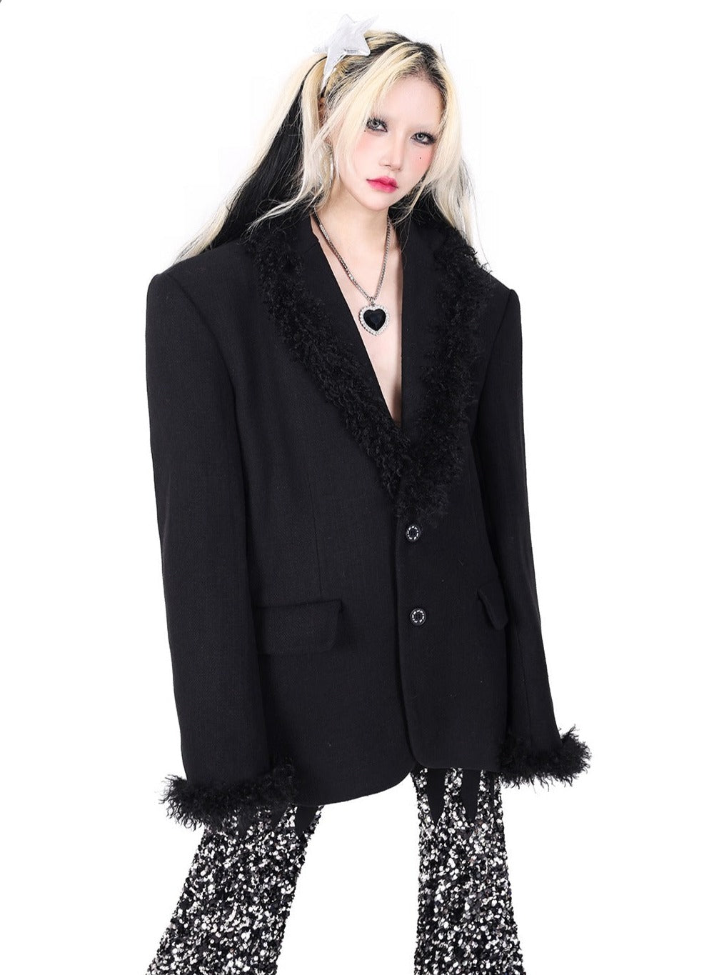 Shoulder pads breasted woolen black jacket