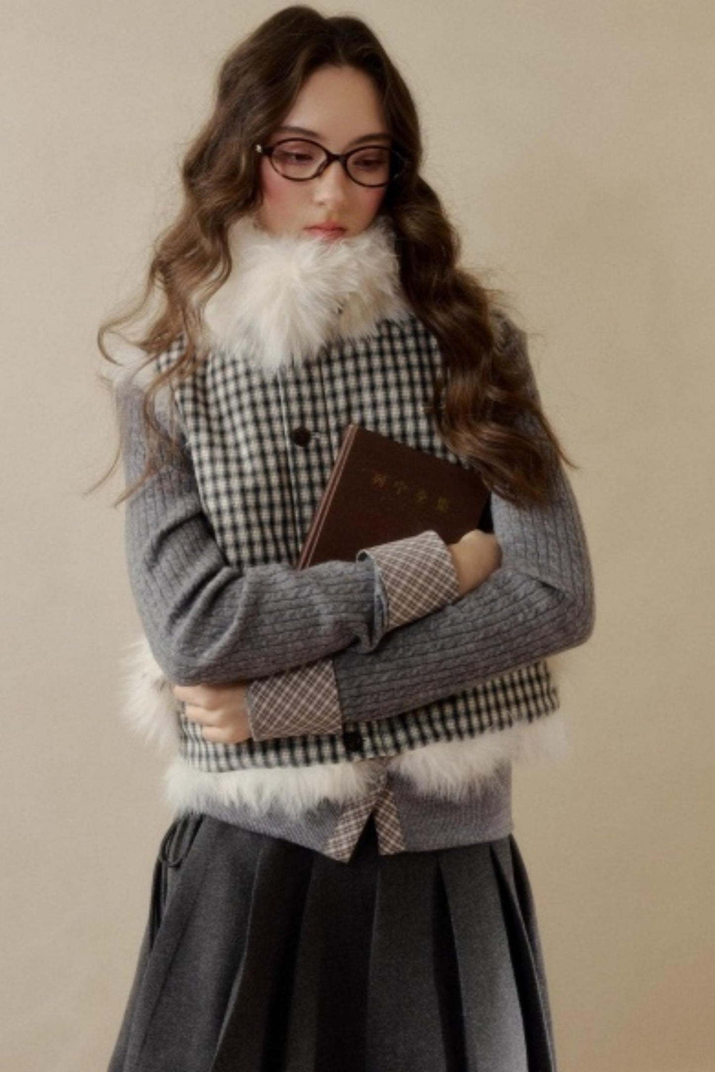 Polka Dot Plaid Fur Coat