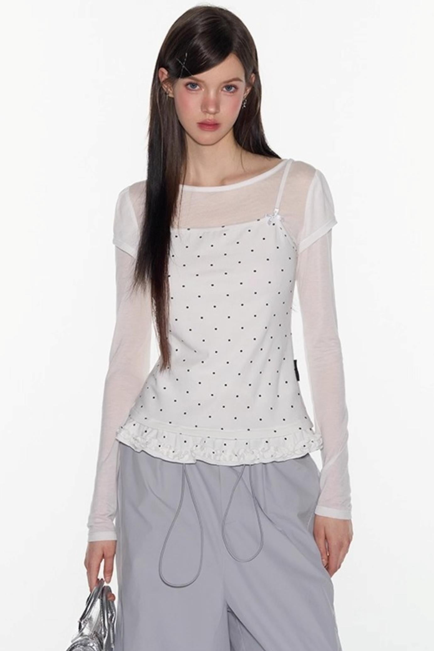 Ruffle Tencel Long-sleeved Top Set-Up