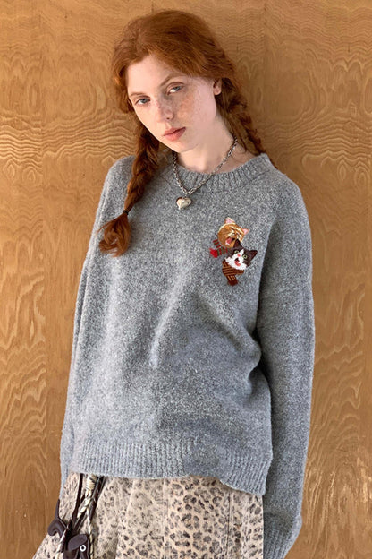 Kitten Tassel Embroidered Knitted Sweater